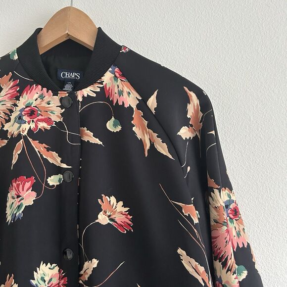 Chaps Satin Bomber Jacket Size L Black Pink Floral Colorful Snap Buttons - Picture 5 of 16